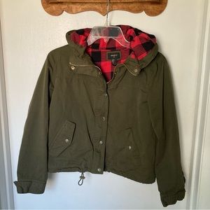 Olive Green Cropped Jacket With Red & Black Buffalo Plaid Lined H…